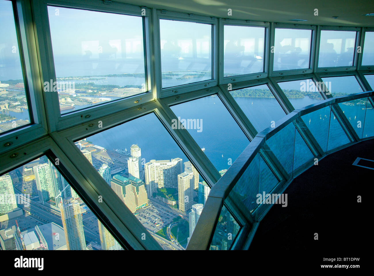 Scenic view of city of Toronto through glass windows of CN Tower Stock Photo