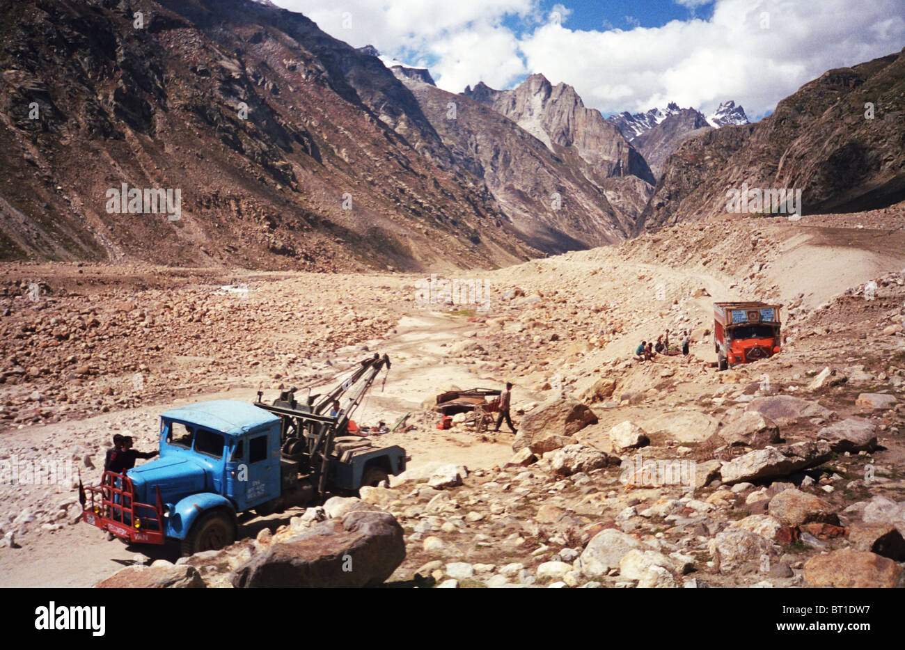 Roads accidents are common on the wild dirt roads of Ladakh and North India. Stock Photo