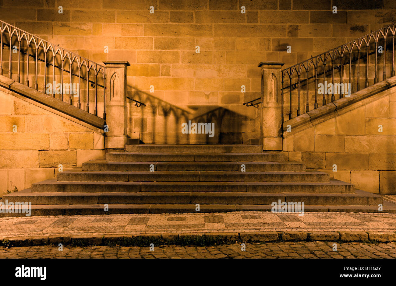 detail of charles bridge in prague - stairs in the night Stock Photo