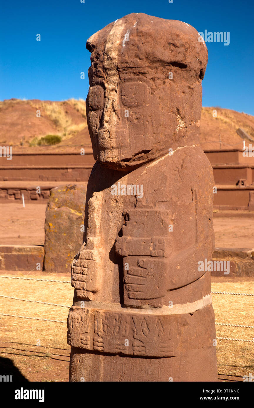An ancient statue, El Fraile, at Tiwanaku archeological site, a pre Inca civilization, in Bolivia. Stock Photo