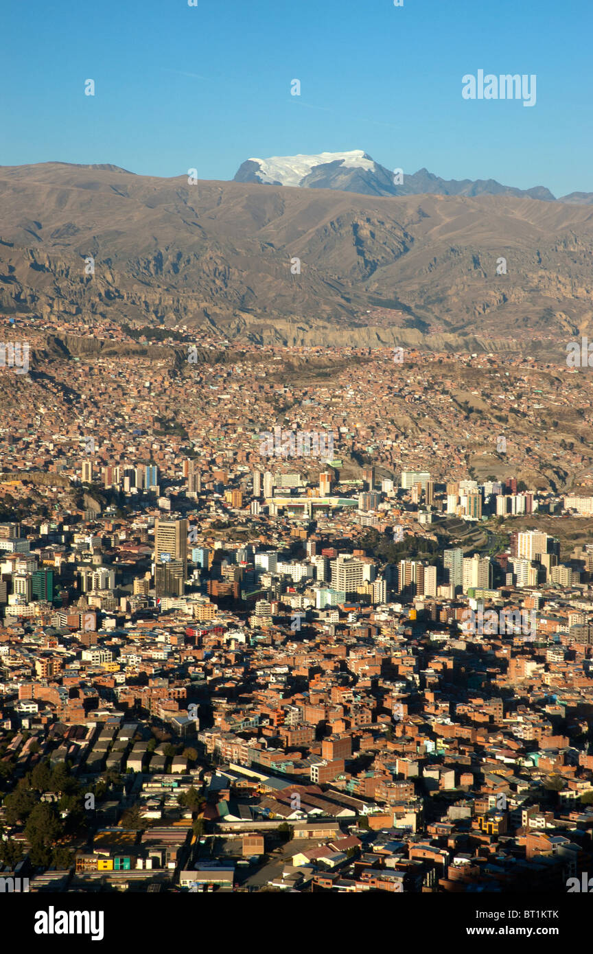 The huge city of La Paz, Bolivia with Mount Illimani in the background. Stock Photo