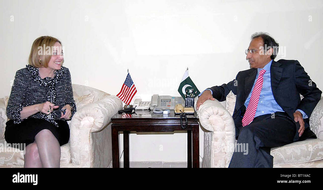 Federal Minister for Finance, Dr.Abdul Hafeez Sheikh in meeting with US Ambasador, Anne W.Patterson in Islamabad on Thursday Stock Photo