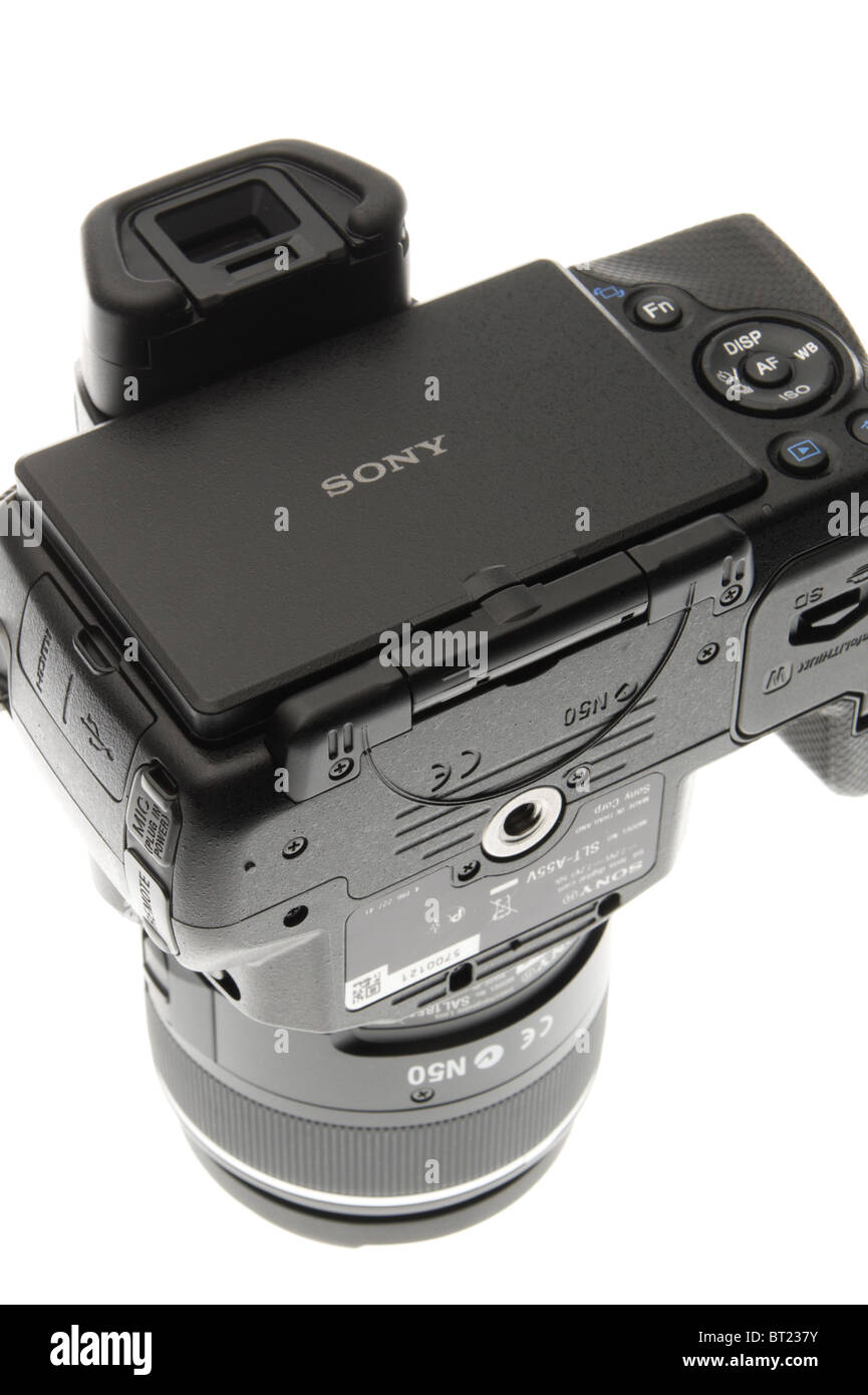 Product studio shot - Sony Alpha 55 digital 'Single Lens Translucent' camera launched October 2010 - rear screen folded Stock Photo