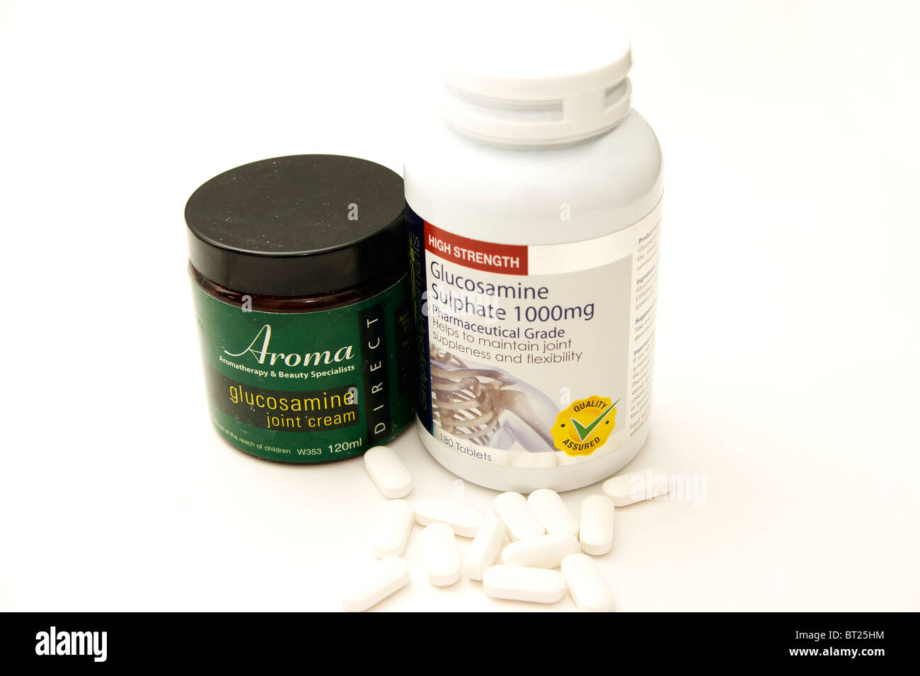 glucosamine sulphate tablets & rub in cream for joint care Stock Photo