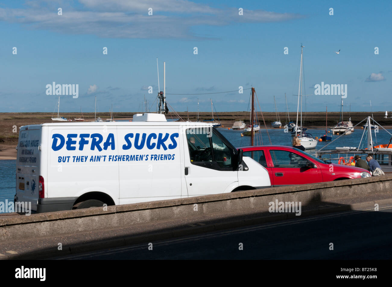 Protest at the government's fishing policy painted on a van at Wells next the Sea, Norfolk Stock Photo