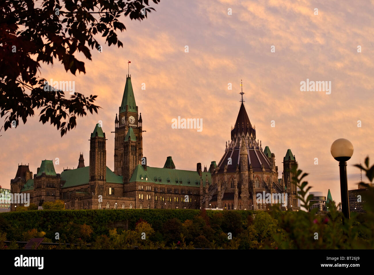 Sun set on the Parliament and the Library of Parliament in Ottawa Monday September 27, 2010 Stock Photo