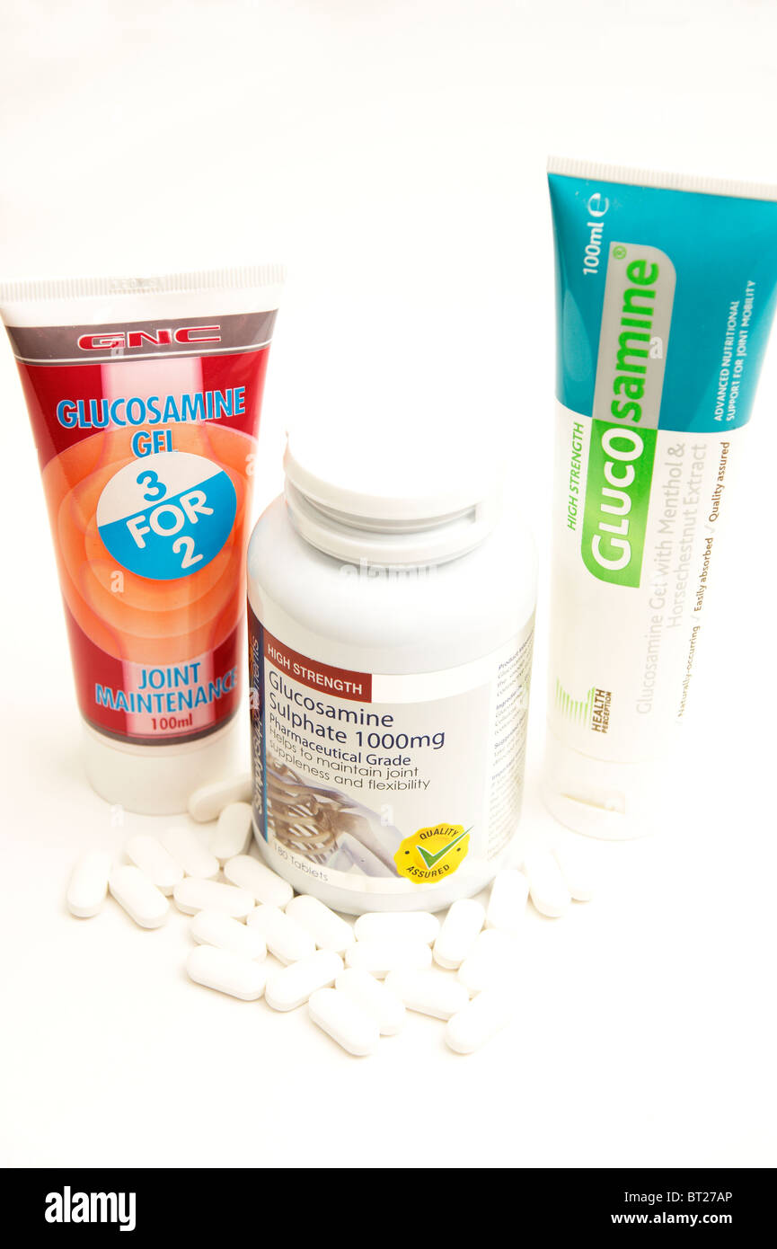 glucosamine sulphate tablets & rub in gel for joint care Stock Photo