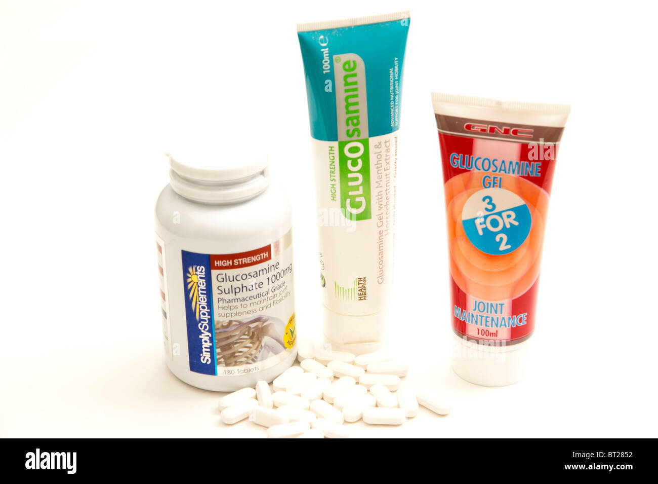 glucosamine sulphate tablets & rub in gel for joint care Stock Photo