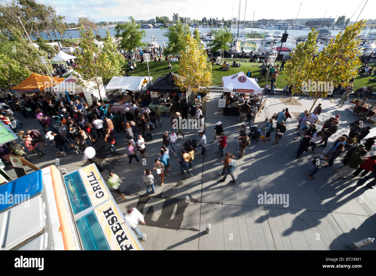 Overhead view of the annual Eat Real Food Festival in Oakland's Jack London Square. Stock Photo