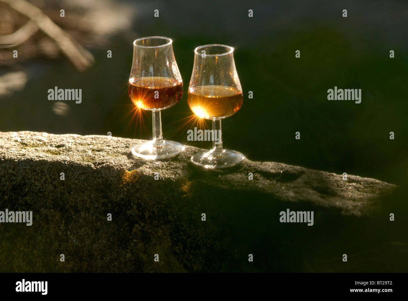 Two glasses of calvados with sun reflection standing on a wall Stock Photo Alamy