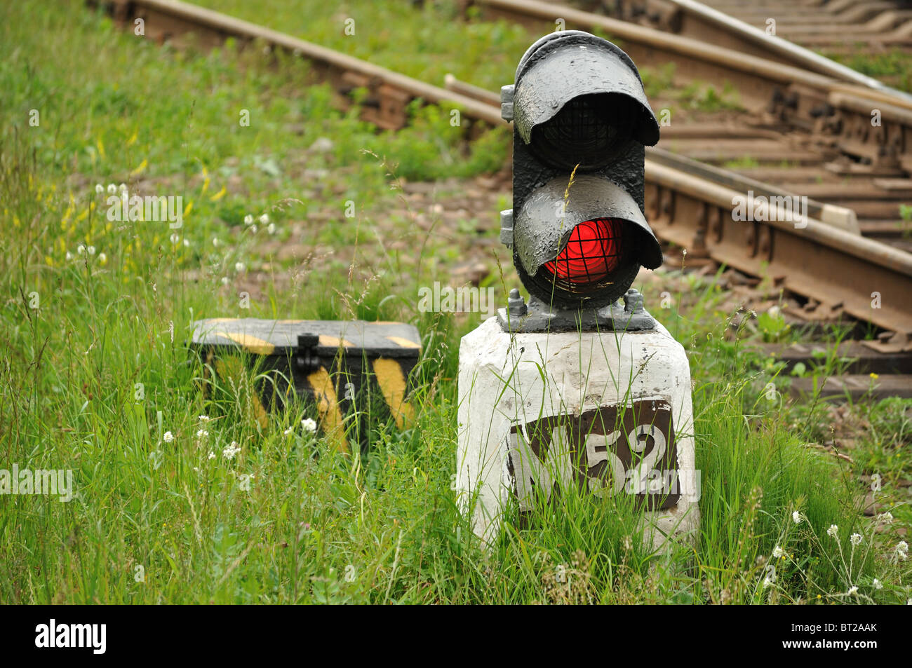 Railway post – red semaphore Stock Photo