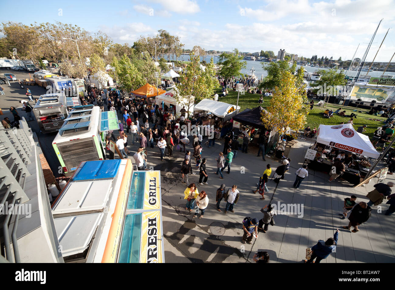 Overhead view of the annual Eat Real Food Festival in Oakland's Jack London Square. Stock Photo