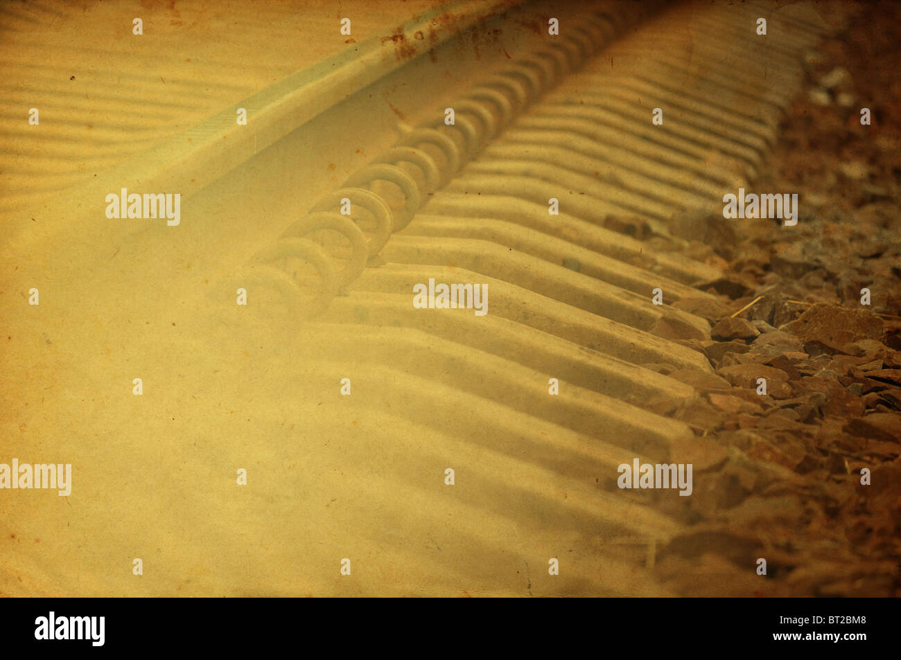 Grunge railway background with old paper texture in sepia style Stock Photo