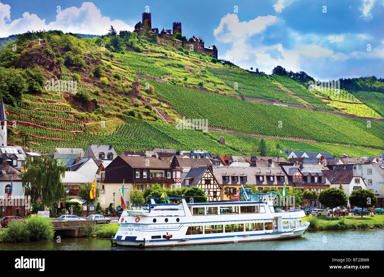 Moselle river valley.Cruise ship, Thurant Castle,vineyards.Alken,Germany. Stock Photo