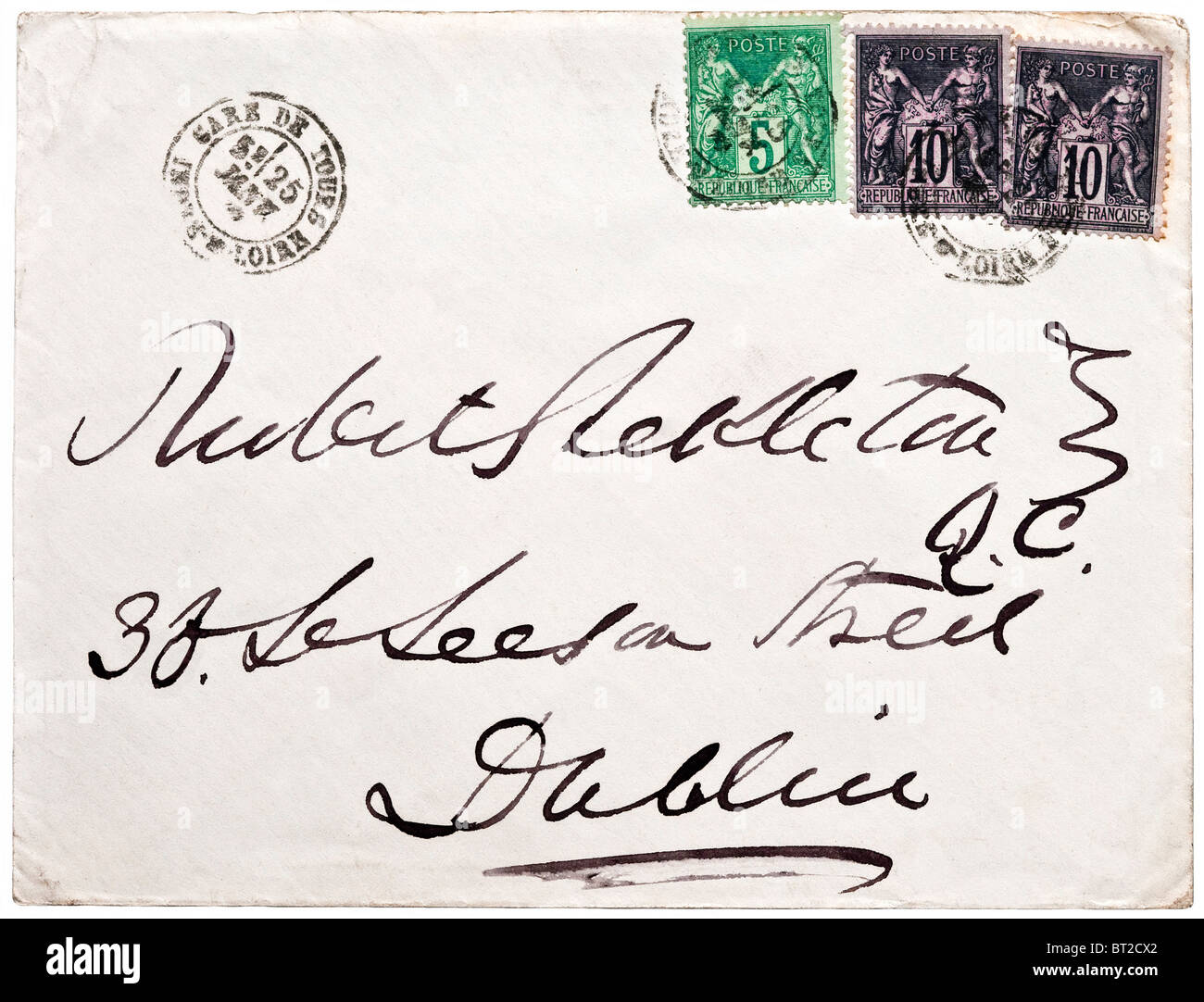 1879 French letter from Tours railway station to Dublin, Ireland Stock