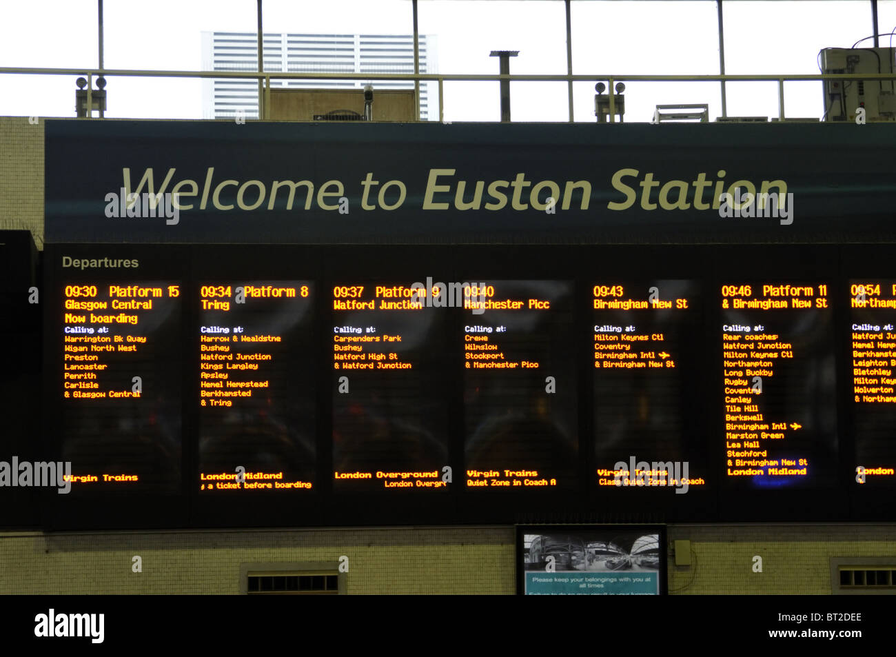 Train departure board at Euston railway station, London, UK. Stock Photo