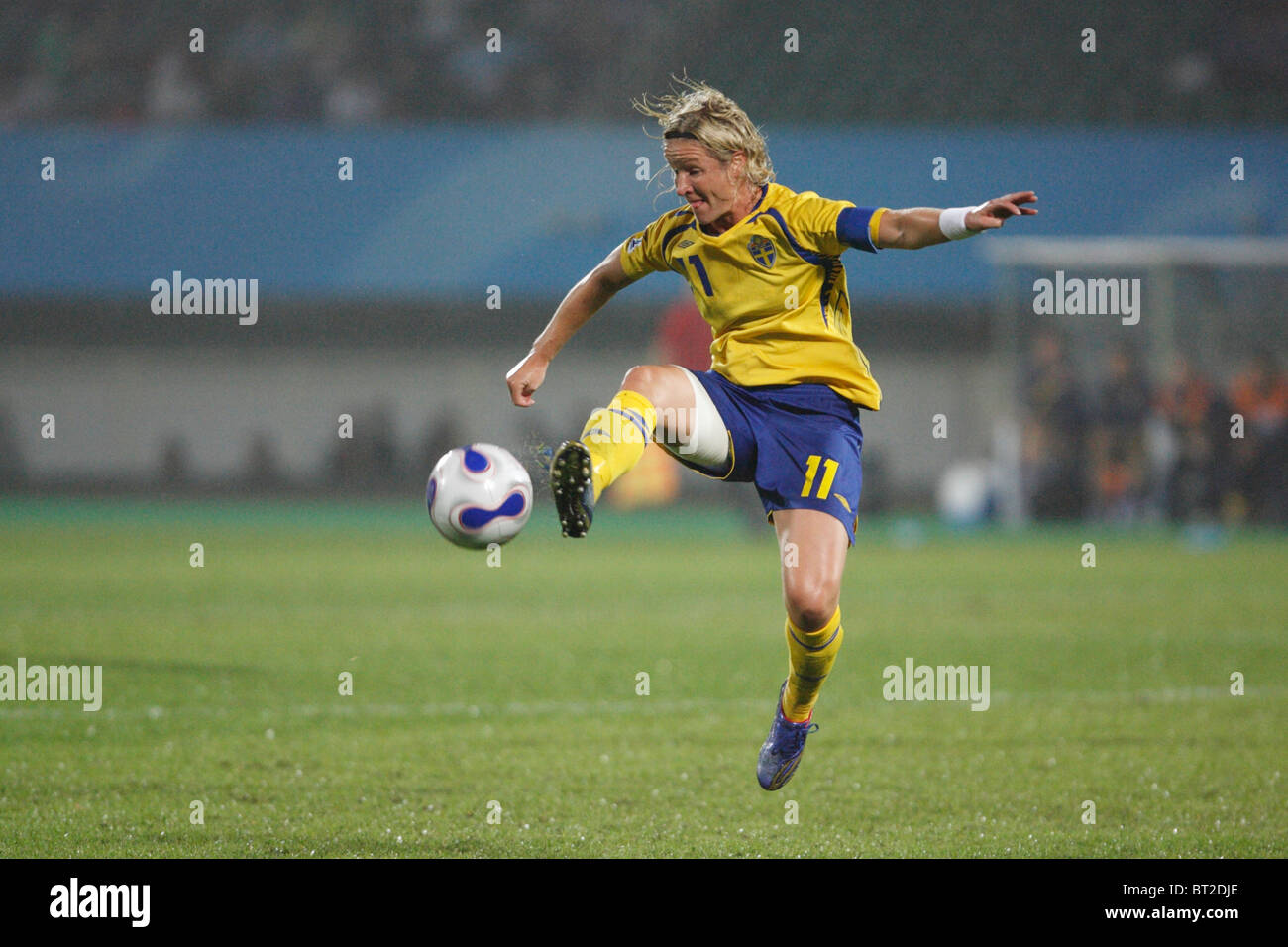 Victoria Svensson of Sweden brings the ball down during a 2007 Women's World Cup soccer match against Nigeria. Stock Photo