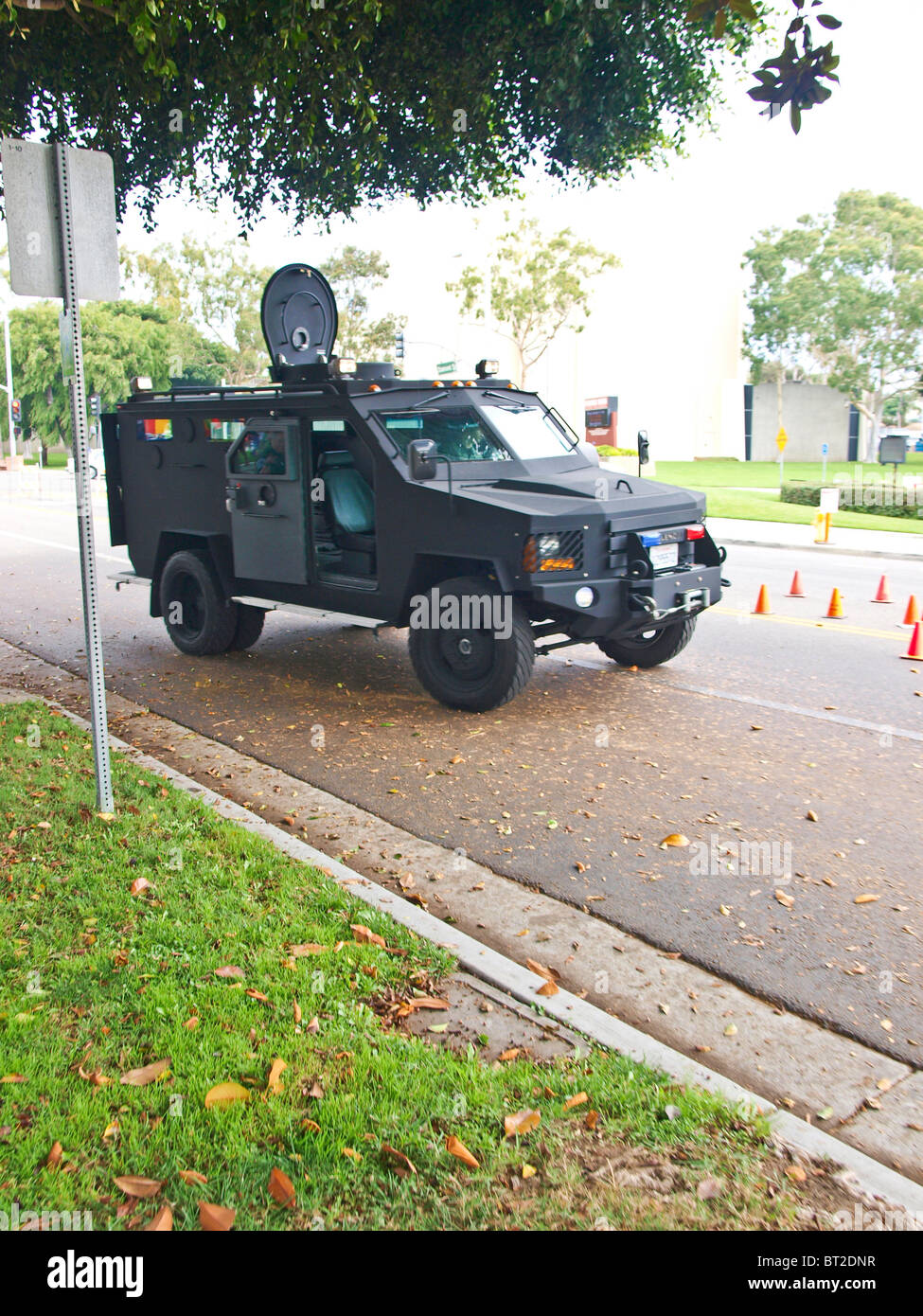 Armored SWAT assault vehicle rolls, during RBPD demo. Stock Photo