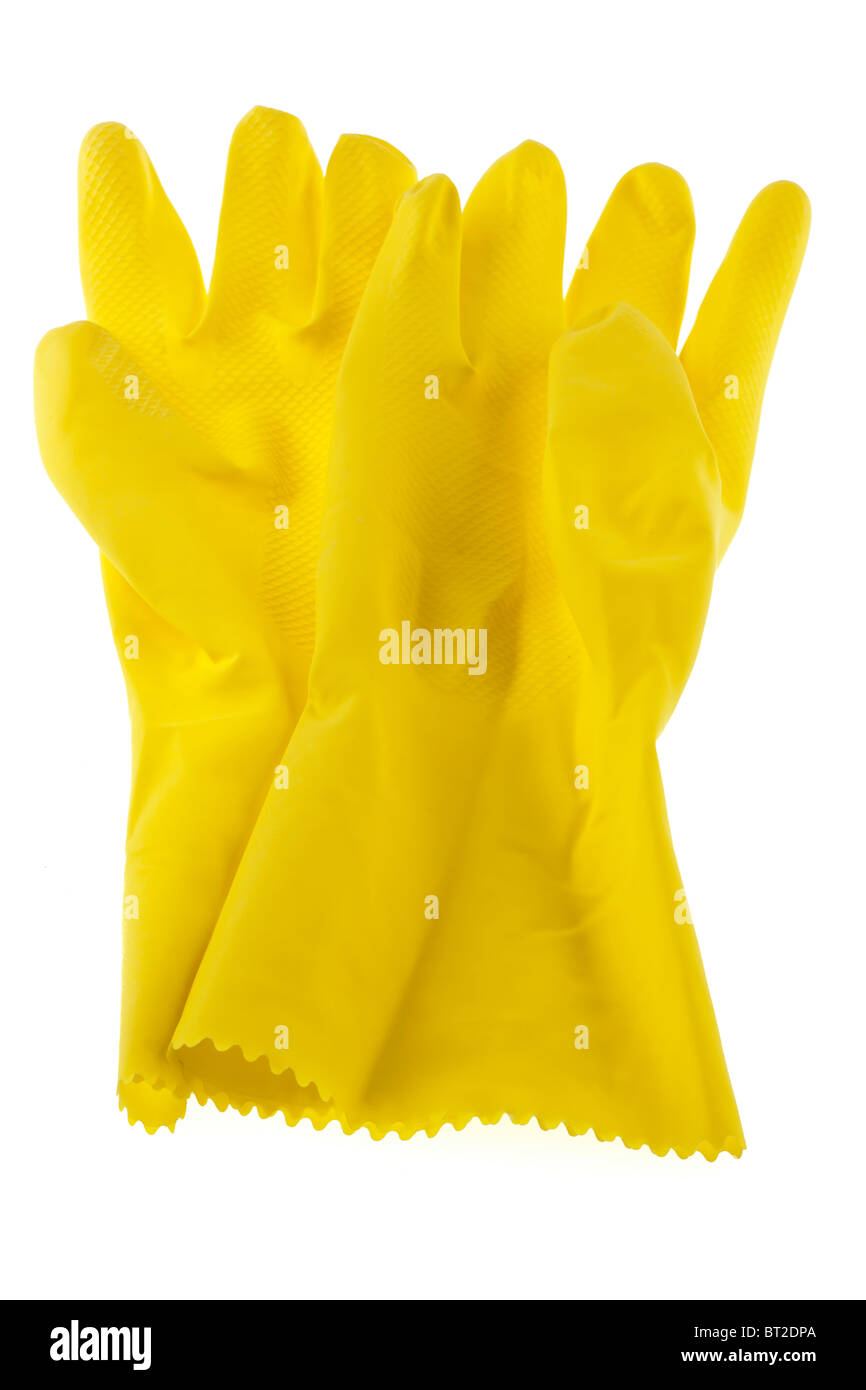 Two pairs of yellow medium sized houshold rubber gloves Stock Photo