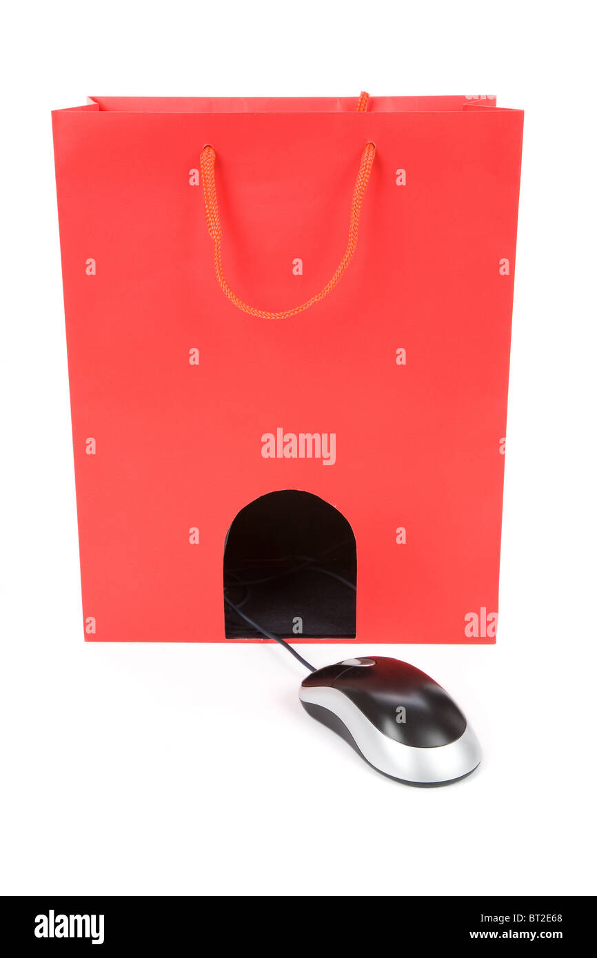 Isolated Shopping Bag and computer mouse, concept of ecommerce Stock Photo