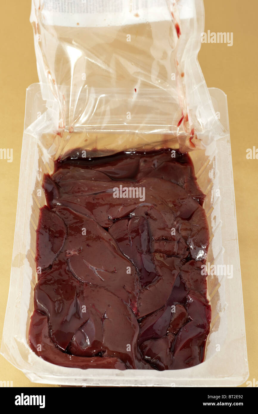 Raw liver in a open sealed plastic container Stock Photo