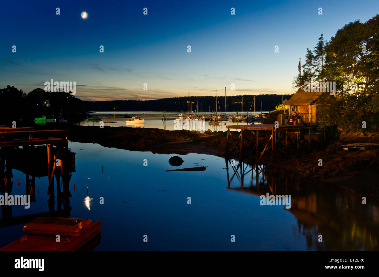 The harbor at South Bristol, Maine, just after sunset. Stock Photo