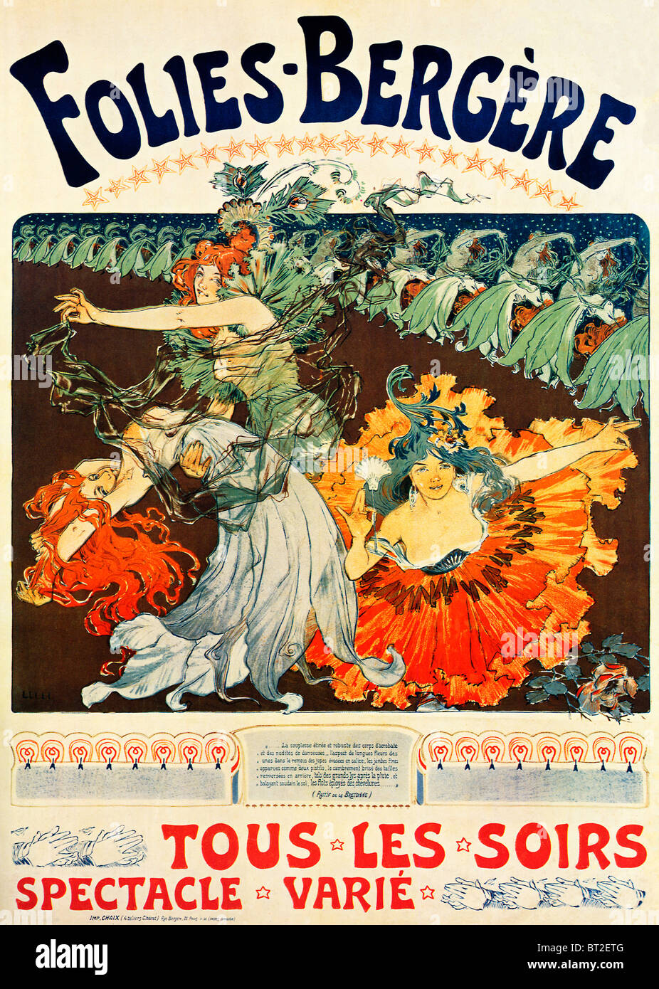 Lelee, Folies-Bergere, 1900 Art Nouveau poster for the cabaret theatre in Montmartre, with quote by Ratiff de la Bretonne Stock Photo