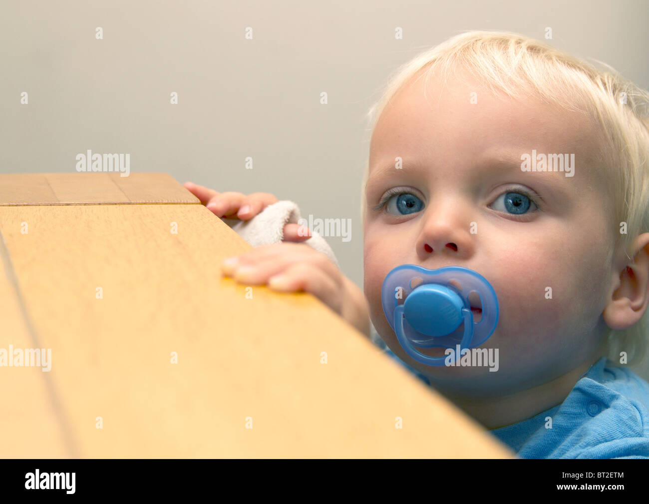 Toddler looking over a table with dummy in mouth Stock Photo Alamy