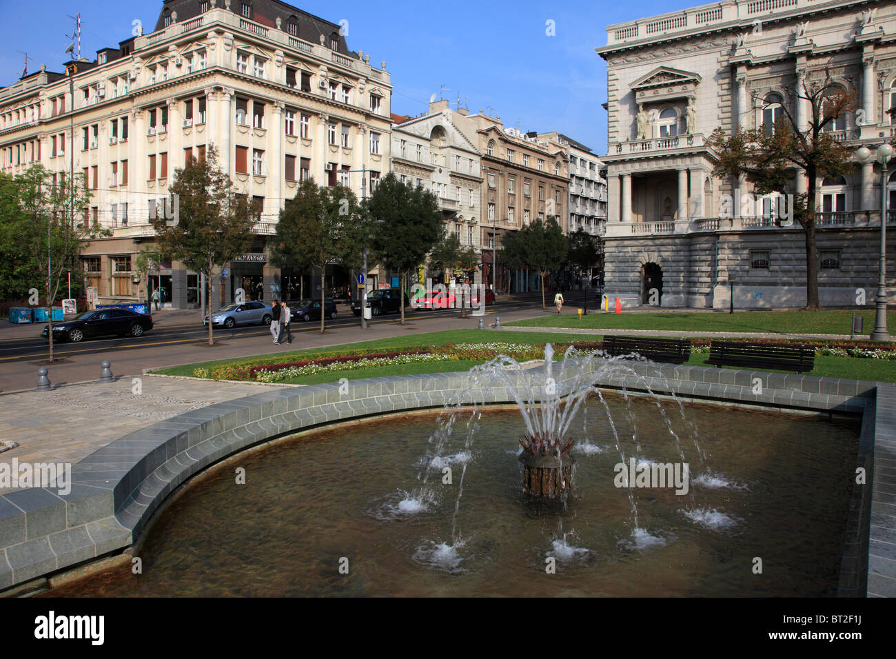 Serbia, Belgrade, Terazije Street, fountain, street scene, architecture, Stock Photo