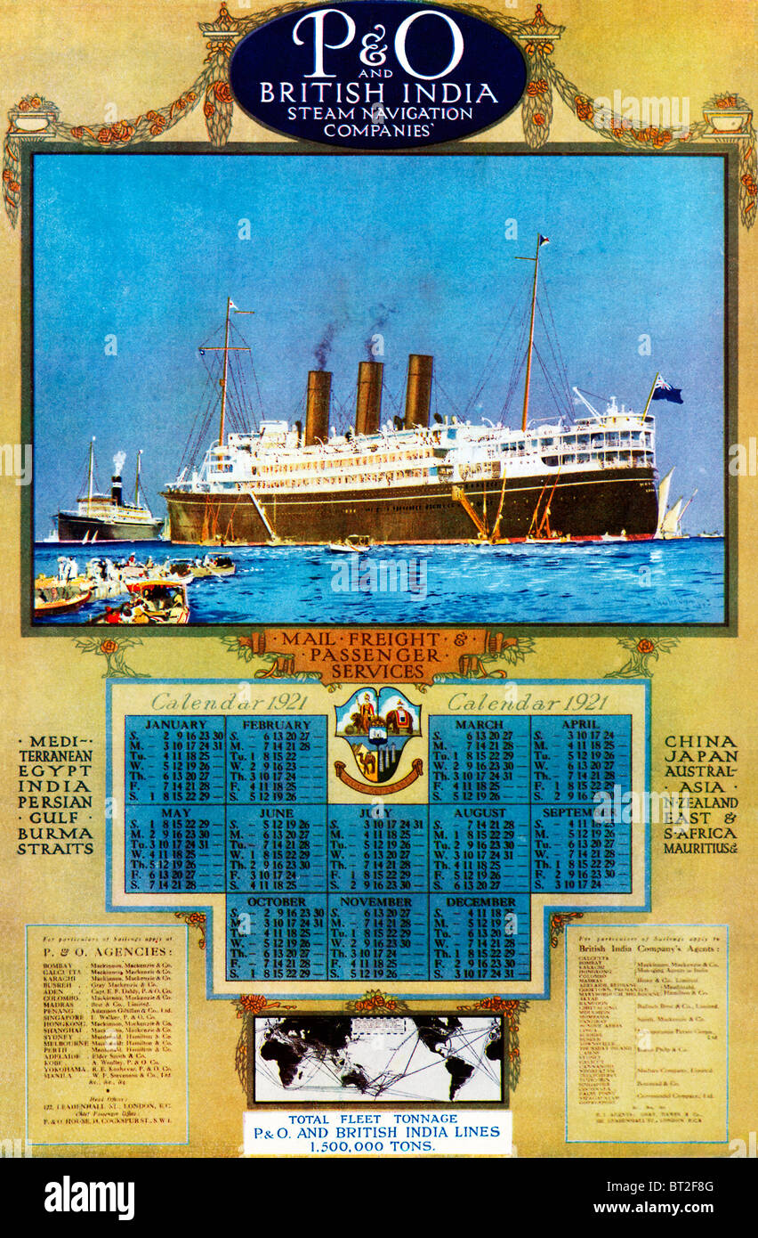 P&O Calendar, 1921 trade card for the worldwide services of P & O and British India Steam Navigation Companies Stock Photo