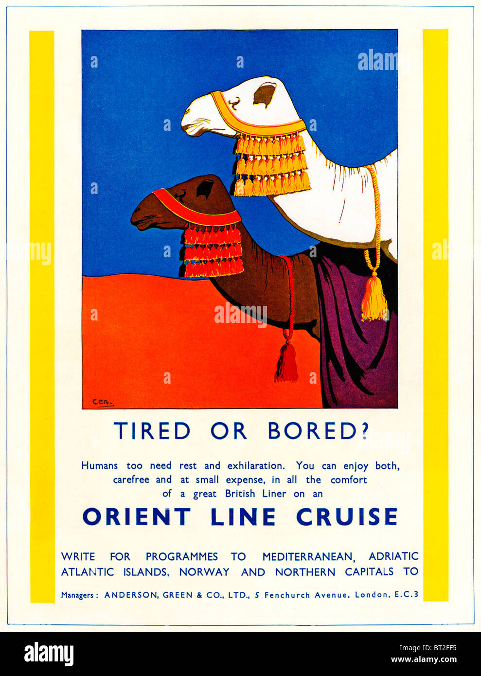 Orient Line Cruises, 1931 advert for the Cruise Line part owned by P&O, here illustrating the North African service Stock Photo