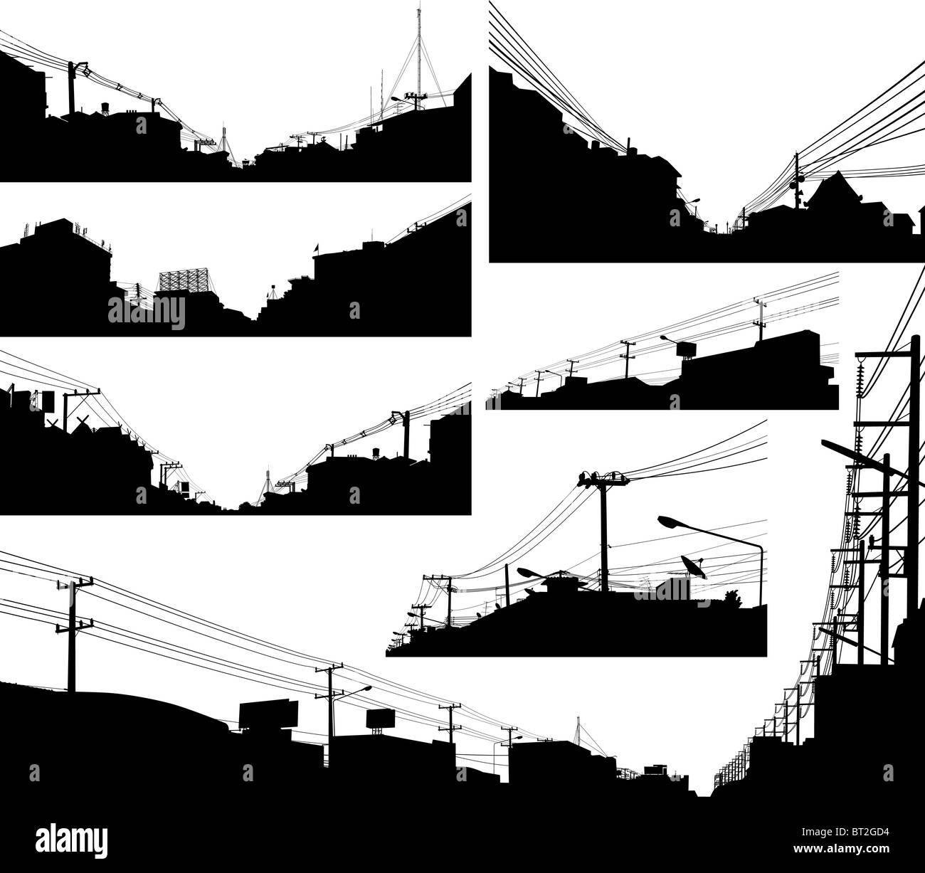 Set of detailed illustrated silhouettes of urban streets Stock Photo ...