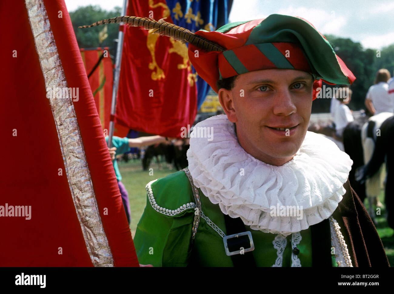 1, one, Frenchman, French man, wearing costume, eye contact, front view,  portrait, Les Pennons de Lyon, festival, Lyon, Rhone-Alpes, France, Europe  Stock Photo - Alamy