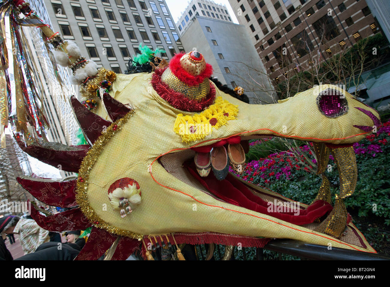 Closeup of head of dragon in Chinese New Year parade celebration on Market Street, San Francisco, California. Stock Photo