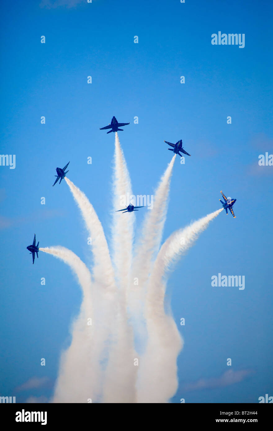 F/A 18 jets of the U.S. Navy Blue Angels perform at the Kaneohe Bay Airshow in Hawaii on September 26, 2010 Stock Photo