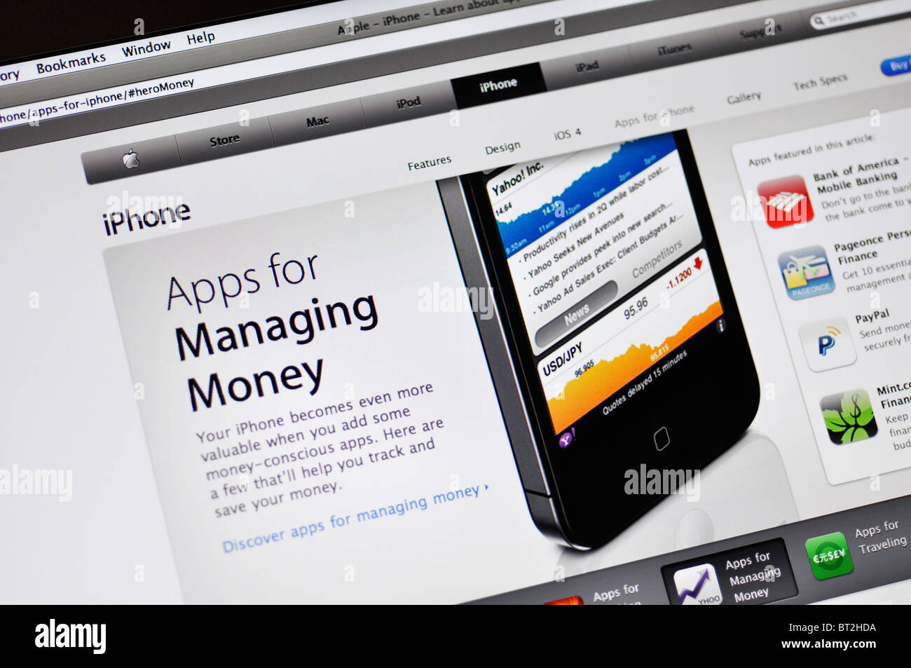 Apple store website showing iPhone applications for managing money Stock Photo