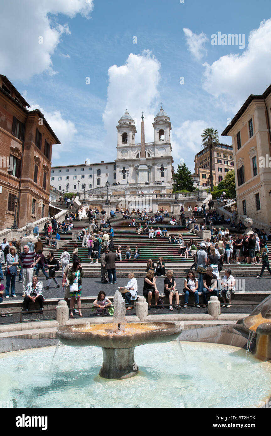 Spanish Steps with Fontana della Barcaccia, Church of Trinita dei Monti, Rome,  Italy Stock Photo