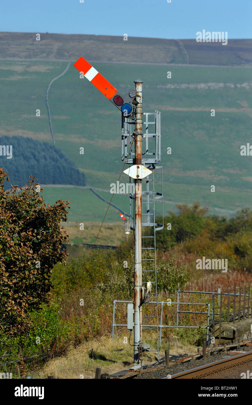 Railway semaphore signals at 'Clear'. Garsdale Station, Settle-Carlisle Railway, Cumbria, England, United Kingdom, Europe. Stock Photo