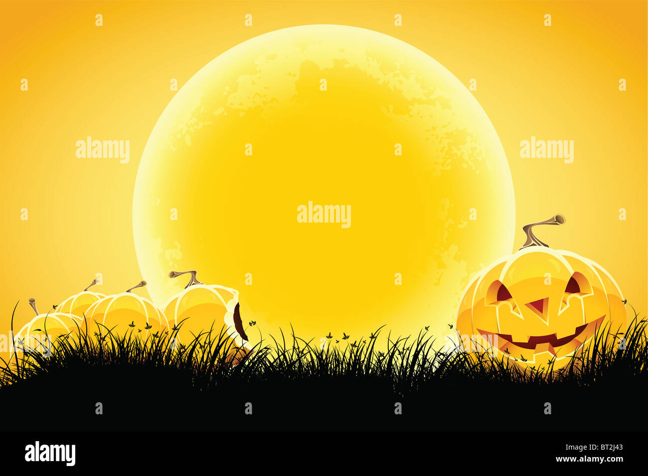 Halloween black and orange background with grass moon and pumpkin Stock ...