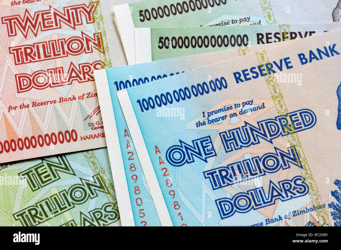 Zimbabwean hyperinflationary banknotes of 10 to 100 Trillion Dollars from 2008 Stock Photo