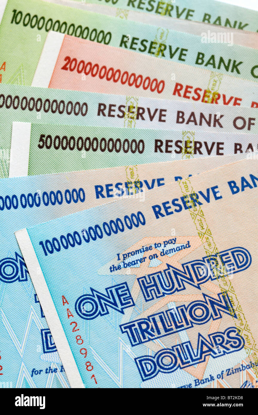 Zimbabwean hyperinflationary banknotes of 10 to 100 Trillion Dollars from 2008 Stock Photo