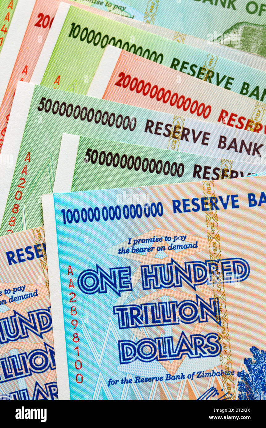 Zimbabwean hyperinflationary banknotes of 10 to 100 Trillion Dollars from 2008 Stock Photo