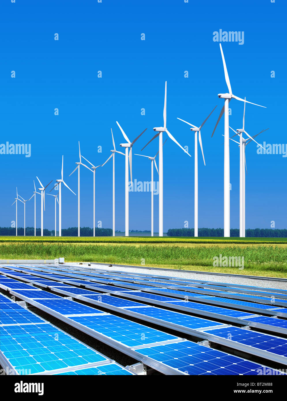 environmentally benign solar panels and wind turbines generating electricity Stock Photo