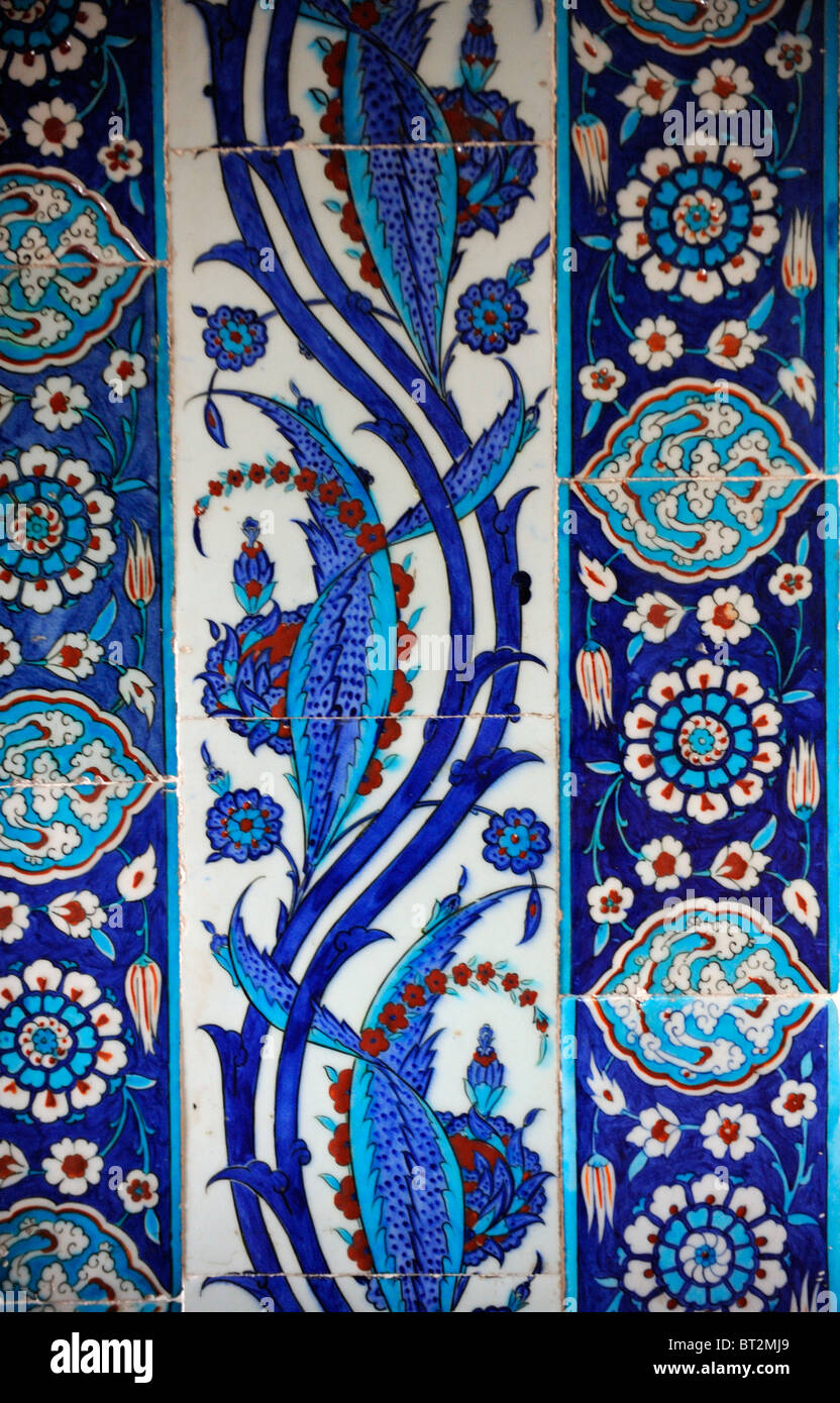 Iznik blue tile decoration in mosque of Rustem Pasa Stock Photo