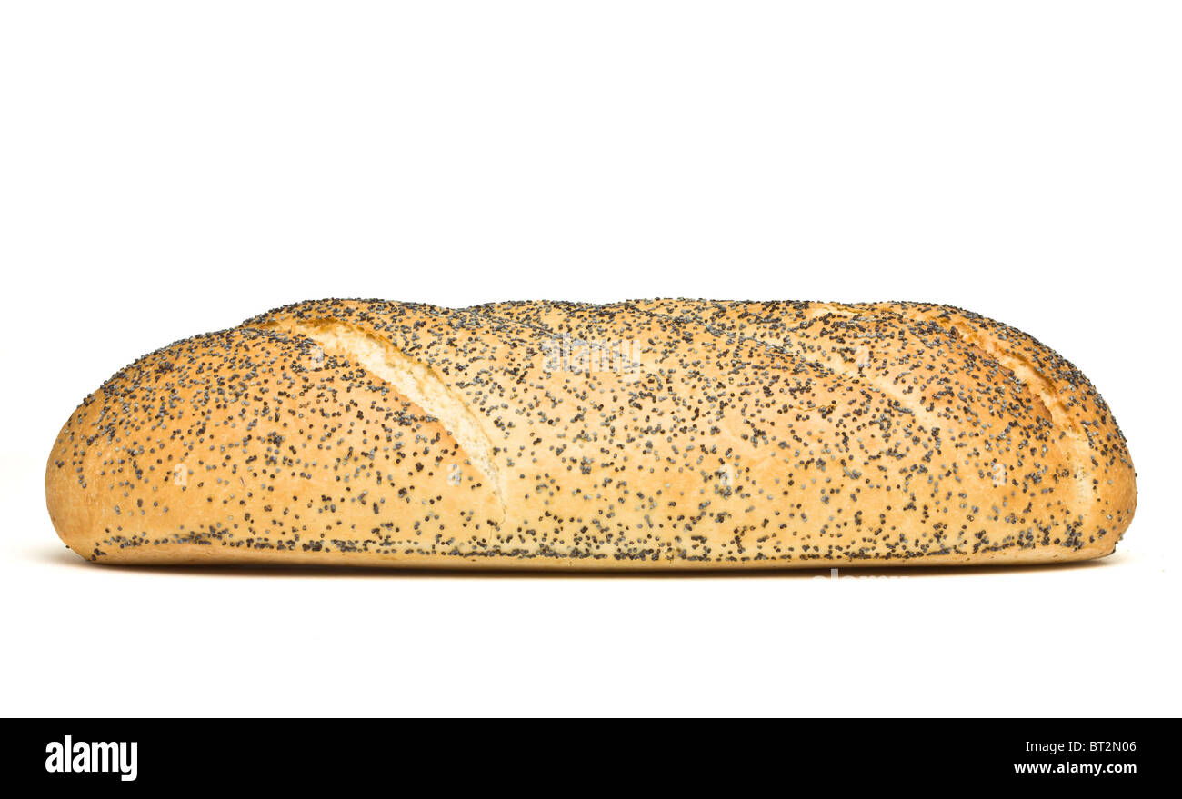 Poppy Seeded Bloomer fresh loaf of bread isolated on white background. Stock Photo