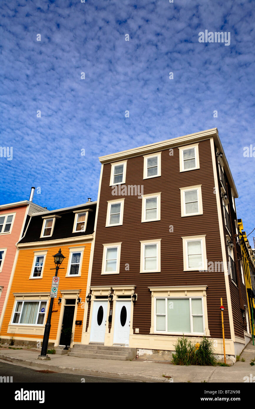 Brightly coloured terraced houses in Water Street Downtown, St. John's
