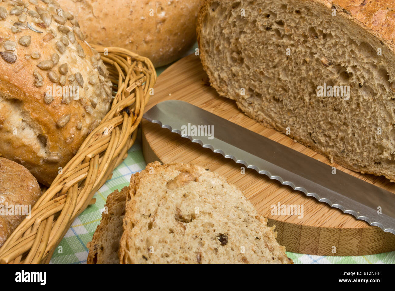 A selection of rustic organic handmade gourmet breads. Stock Photo