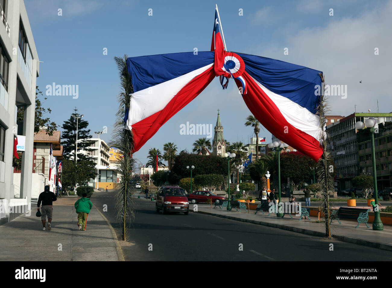 Chilean flags in Plaza Colon for the bicentenary of the establishment of the First Government Junta of Chile on 18th September 1810, Arica, Chile Stock Photo