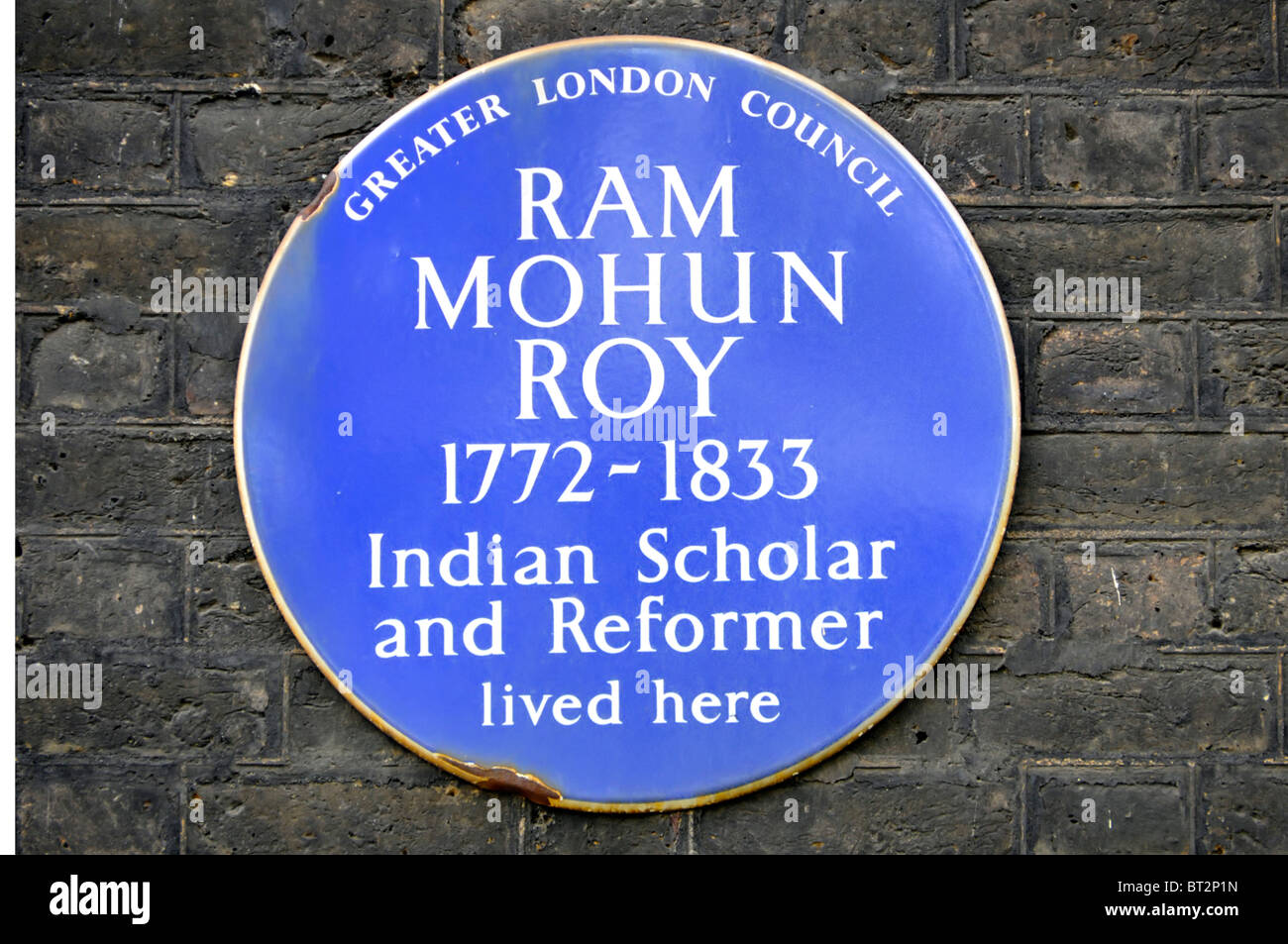Blue Plaque on wall of property recording Ram Mohun Roy lived here Stock Photo