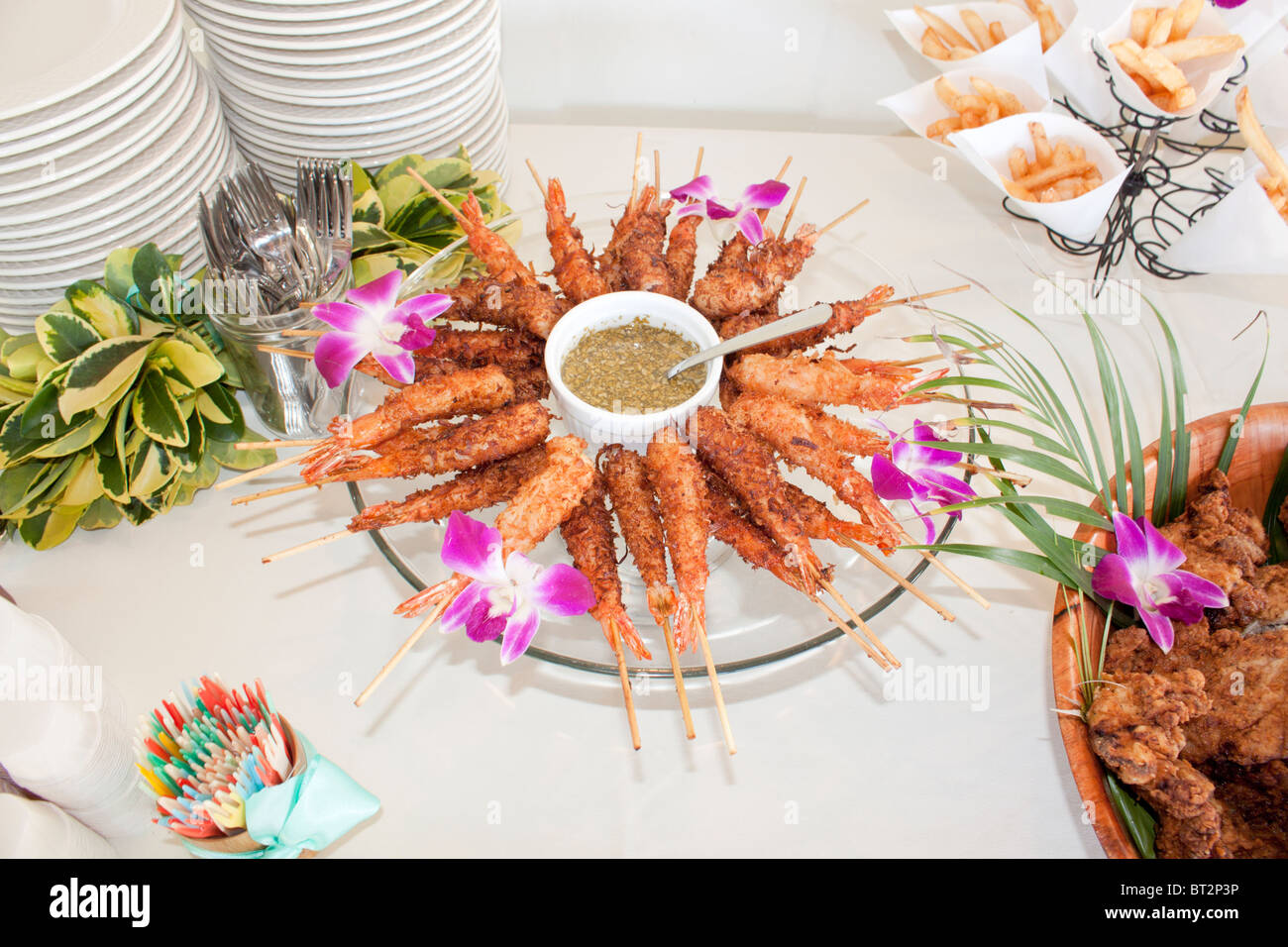 Hawaii coconut crunch shrimp on a white tablecloth Stock Photo Alamy